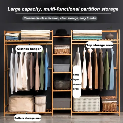 Vista 3 de Freestanding Clothes Hanging Rack with Hooks,Bamboo Garment Rack with Shoe Shelf,Heavy Duty Bamboo Garment Rack,Heavy Duty Bamboo Clothes Rail