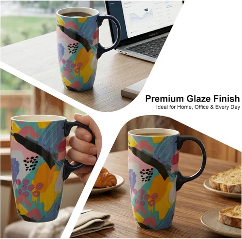 Vista 2 de Topadorn Tazas de cerámica de porcelana, taza de café con tapa y asa, taza de café, taza de té de café con tapa y asa, taza de café, 17 oz. Abstracto