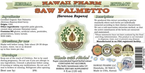 Vista 2 de Hawaii Pharm Saw Palmetto Extracto líquido sin alcohol, grado profesional, pequeño lote hecho a mano Saw Palmetto (Serenoa Repens), suplemento