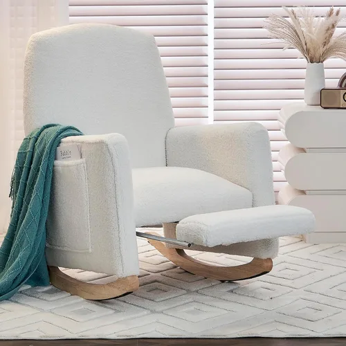 Vista 9 de Mecedora moderna para guardería, cómoda silla de guardería con reposapiés, mecedora tapizada con bolsillo, sillón de lectura con base de madera