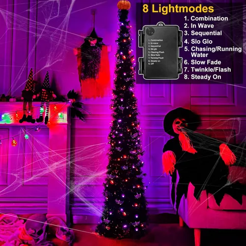 Vista 2 de TURNMEON Árbol de Halloween de oropel negro de 6 pies con luces
