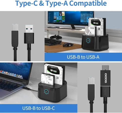 Vista 5 de GODO USB 3.0 a SATA III Mini Estación de acoplamiento de disco duro externo de doble bahía para HDD SSD de 2.5/3.5 pulgadas, compatible con clon sin