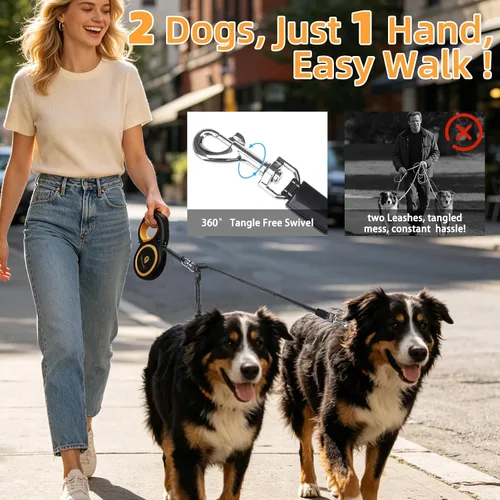 Vista 2 de KOOLTAIL Correa retráctil doble para perros de hasta 110 libras, resistente de doble cabeza de 16 pies, extensible a 360°, sin enredos, un botón