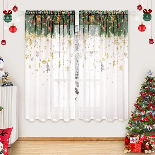 Vista 2 de FRAMICS Cortinas traslúcidas de Navidad para ventana, patrón de copos de nieve de estrellas, 2 paneles de gasa semitransparente, bolsillo para barra