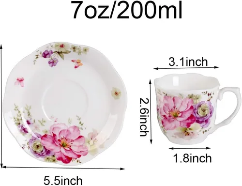 Vista 5 de GuangYang Juego de 6 tazas de té y platillos de porcelana de 7 onzas, diseño floral rosa, elegante juego de regalo para amantes del té, café