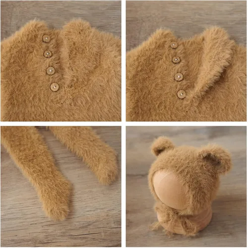 Vista 6 de Zeroest Accesorios de fotografía para recién nacidos, trajes de niño, accesorios para fotos de oso y niña, gorro con pies, mameluco de manga