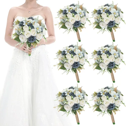 Vista 28 de Ramos para dama de honor para boda - Ramo de flores artificiales de 7 pulgadas para fiesta, ceremonia, aniversario, centros de mesa para mesa de Azul