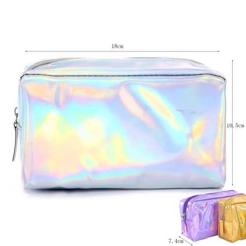 Vista 2 de Bolsa de maquillaje holográfica de piel sintética, bolsa de cosméticos, impermeable, organizador de artículos de tocador, bolsa para bolígrafos