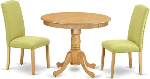 Vista 18 de East West Furniture ANEN3-LWH-06 - Juego de mesa de cocina de 3 piezas contiene una mesa de comedor redonda con pedestal y 2 sillas de comedor