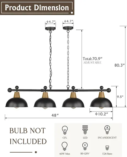 Vista 4 de FEMILA 4FG60-4LP BK - Luces de mesa de billar de 4 luces para mesa de 7 pies/8 pies, lámpara de mesa de billar moderna de 48 pulgadas, lámpara