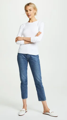 Vista 5 de Enza Costa Essential Supima - Camiseta de manga larga con cuello redondo para mujer