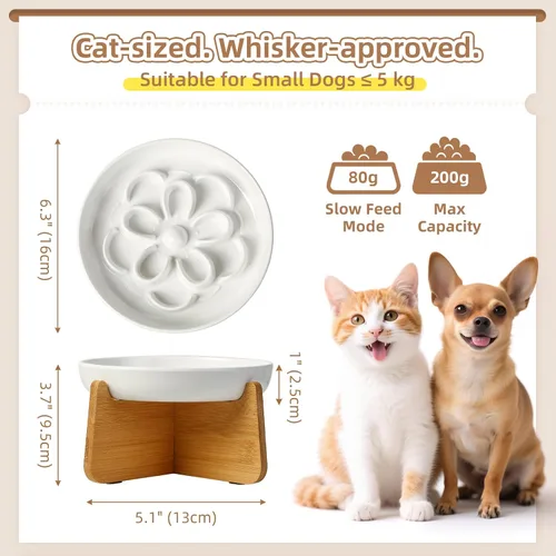 Vista 2 de PTOBER Cuenco elevado para gatos de alimentación lenta – Plato de melamina para gatos con soporte de bambú antideslizante – Tazón de alimentación