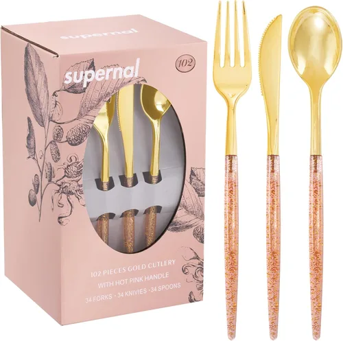 Vista 16 de Supernal 102 cubiertos de plástico dorados, cubiertos dorados con mango negro, colección de cubiertos desechables, incluye 34 tenedores de plástico