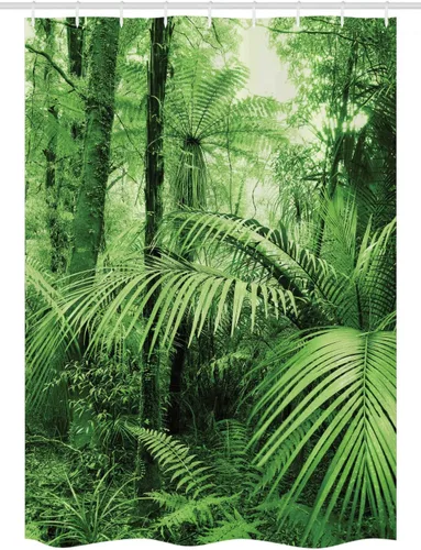 Vista 4 de Ambesonne Cortina de ducha, palmeras y plantas exóticas en selva tropical, ilustración temática de naturaleza salvaje, juego de decoración de baño