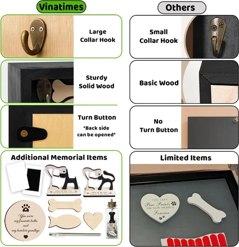 Vista 3 de vinatimes Caja de sombra de regalo conmemorativo para mascotas de 8.6 pulgadas, soporte para collar negro, marco de fotos, kit de tinta de pata