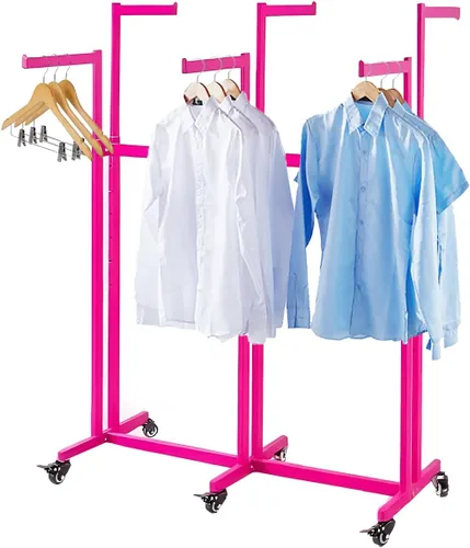 Vista 15 de Perchero de pie de metal para ropa - Estantes de exhibición resistentes para uso comercial con ruedas, perchero de ropa de 6 brazos, perchas