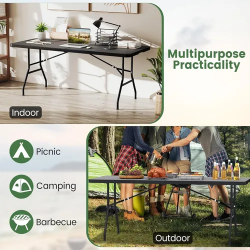 Vista 8 de GYMAX Mesa plegable de 6 pies, mesa de campamento portátil ligera con asa de transporte, fácil de plegar rectangular para interiores y exteriores