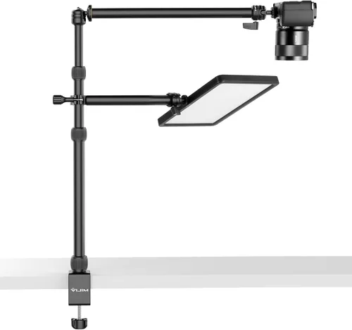 Vista 8 de jusmo Soporte de mesa de escritorio para cámara con 2 brazos de sujeción auxiliares y cabeza de bola, soporte de luz ajustable de 16.1 a 33.8
