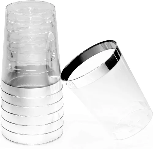 Vista 6 de Occasions" - Juego de vajilla de 180 piezas/20 invitados, platos de plástico desechables para boda, vasos de borde plateado y servilletas de tacto