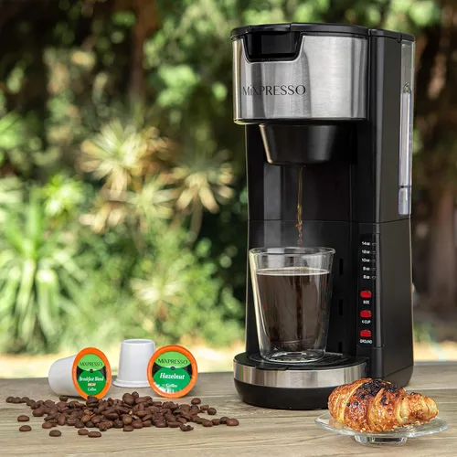 Vista 4 de Mixpresso - Cafetera negra para una porción, compatible con cápsulas K-Cup y café molido, cafetera compacta de 30 oz con 5 tamaños de preparación