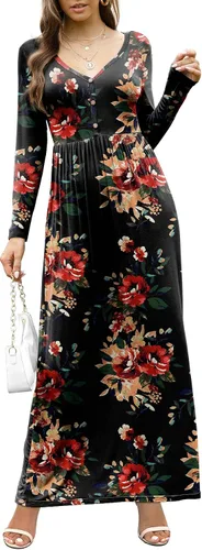 Vista 3 de GRECERELLE Vestido largo para mujer, manga larga, cuello en V, casual, con botones, estilo bohemio, con bolsillos