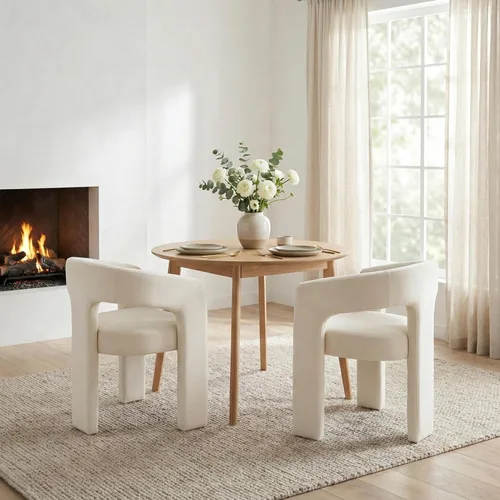 Vista 11 de Silla moderna de comedor en barril, silla de cocina acentuada tapizada en cuero sintético con brazos, silla lateral cómoda para sala de blanco