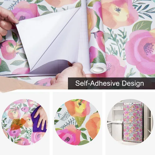 Vista 6 de WENMER Papel tapiz floral para despegar y pegar de 17.7 x 118 pulgadas, acuarela decorativa de flores rosas durazno, extraíble, para tocador