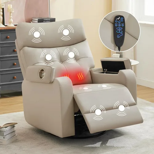 Vista 15 de Rocker - Silla reclinable para cuarto de bebé, mecedora giratoria con calor y masaje, para sala de estar, color gris claro Cuero Gris Claro