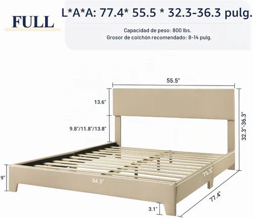 Vista 2 de Allewie Base de cama tamaño matrimonial con cabecera ajustable, cama tapizada con plataforma y listones de madera, base de colchón resistente,