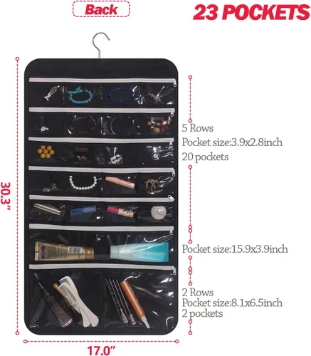 Vista 3 de DIOMMELL Organizador de joyería colgante con 47 bolsillos con cremallera para aretes, collar, pulsera, anillo, bolsa de almacenamiento