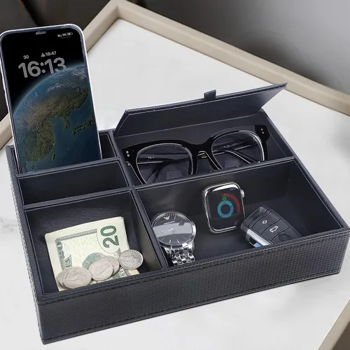 Vista 4 de Zcaukya Bandeja de valet para hombre, joyero, organizador de mesita de noche con 5 compartimentos para llaves de teléfono, cartera, reloj, gafas