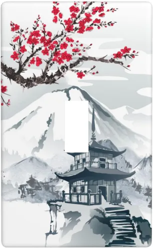 Vista 11 de Cherry Mountain Tower - Placa de pared para interruptor de luz de palanca doble, 2 cuadrillas Torre de montaña japonesa de flores de cerezo