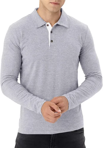 Vista 2 de Aiyino Camisas polo de manga cortalarga para hombre, estilo casual, ajustadas, básicas, de algodón
