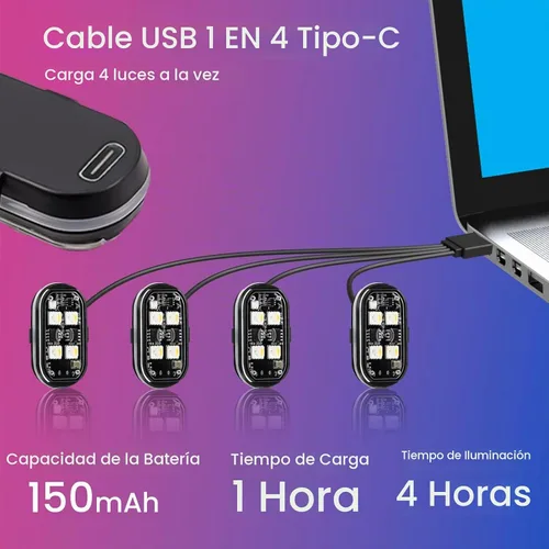 Vista 4 de 8 luces estroboscópicas LED inalámbricas para automóvil, luz intermitente recargable USB tipo C, luces estroboscópicas de control remoto