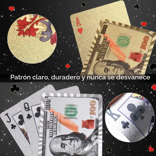 Vista 2 de Joyoldelf 2 barajas de cartas de juego de 24 quilates, póquer impermeable con patrón de dólar en caja de regalo, 1 oro + 1 plata