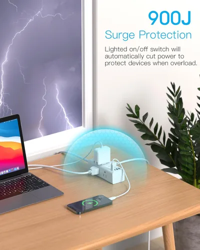 Vista 3 de One Beat Cable de extensión corto de 1 pie, regleta de alimentación de enchufe plano, 6 salidas amplias con 3 puertos USB (1 USB C), regleta