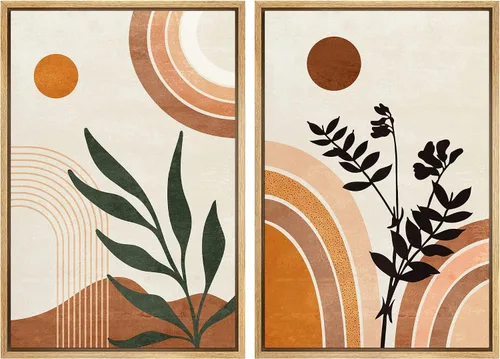 Vista 138 de SIGNFORD Lienzo enmarcado para pared, juego de arte geométrico retro de mediados de siglo, plantas forestales, ilustraciones con formas abstractas