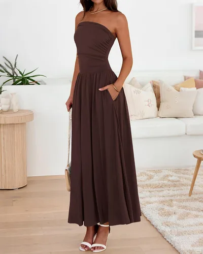 Vista 5 de BTFBM Vestidos largos de verano para mujer, vestido sin tirantes Marrón