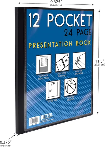 Vista 6 de Better Office Products Libro de presentación encuadernado con 12 bolsillos, colores surtidos, cubierta frontal transparente, 24 páginas protectoras
