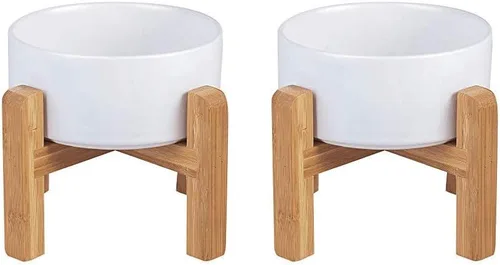 Vista 18 de Cuenco elevado de cerámica para gatos - Cuenco de comida para gatos con soporte de bambú - Plato elevado de comida para perros para cachorros - Verde