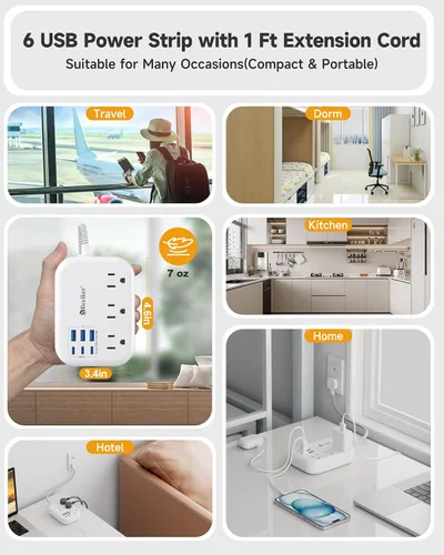 Vista 7 de Beeiker Cable de Extensión Corto de 1 Pie - Tira de Alimentación de 6 USB (3 USB C) para Viajes con Estación de Carga USB de 24W y 3 Tomas, Cable