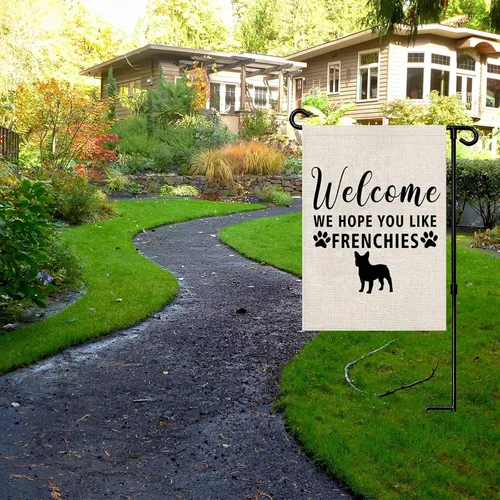 Vista 6 de PWHAOO Bandera de jardín de Frenchie Bandera de bulldog francés, bandera de bienvenida con texto en inglés "Welcome We Hope You Like Frenchies F