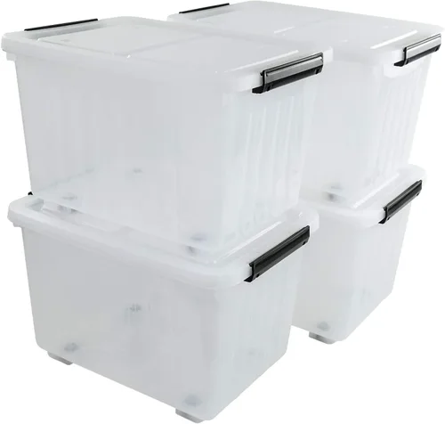 Vista 8 de Paquete de 4 cajas de almacenamiento de plástico, contenedores de almacenamiento con tapa con asa, 20 L, transparentes