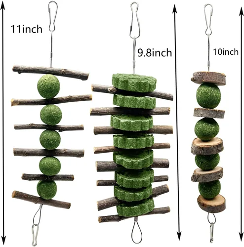 Vista 2 de BallHull 3 piezas de juguetes masticables para moler dientes de conejo, ramas de manzana, palitos de masticar con bola de hierba y pastel de hierba