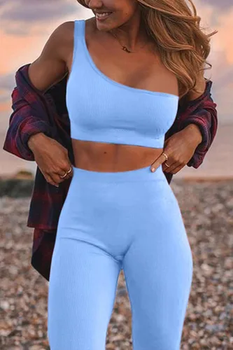 Vista 3 de QINSEN Camiseta corta de entrenamiento de 3 piezas para mujer con un hombro extraíble acanalada sin costuras brasier deportivo