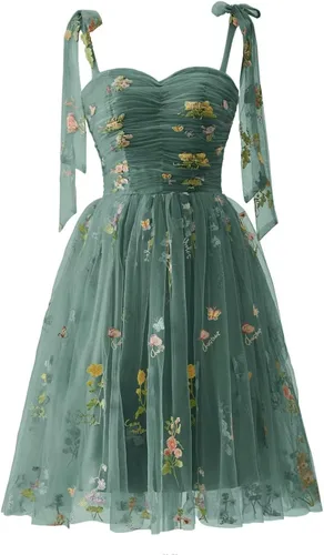 Vista 15 de Fivsole Vestido corto con bordado de flores para adolescentes, vestido de tul con tirantes delgados, mini formal, cóctel, fiesta de noche, vestidos