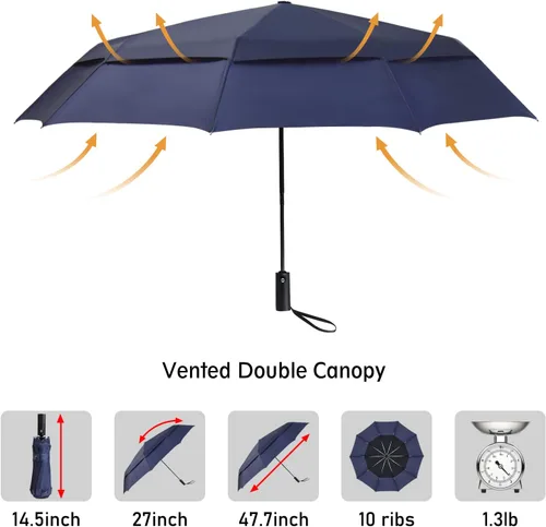 Vista 2 de Lejorain Paraguas grande de golf resistente al viento, 54 pulgadas, doble capa, arco iris, 10 varillas, paraguas plegable de viaje, compacto, cierre