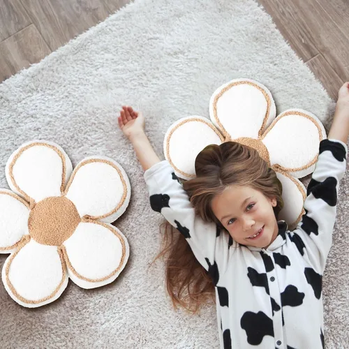 Vista 6 de Menkxi Paquete de 2 almohadas con forma de flores, lindas almohadas con forma de margaritas, cojín suave para el suelo, para sala de estar Blanco