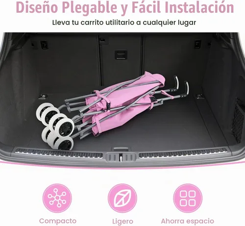 Vista 4 de GOFLAME Carrito de compras plegable con ruedas, carrito de comestibles impermeable con cubierta extraíble y ruedas giratorias de 360°, carrito Rosa