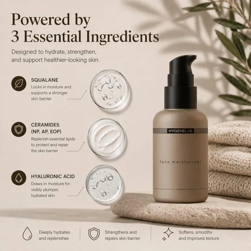 Vista 3 de HygieneLab Hidratante facial - Verificado por EWG, hidratación sin perfume, no grasa con escualano, aloe vera, ceramidas y ácido hialurónico, 1.7